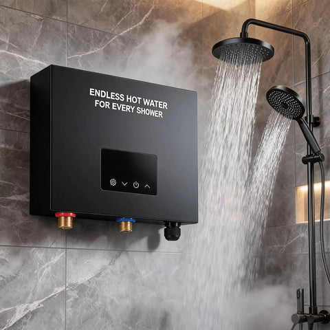Heavy Duty 27Kw Tankless Water Heater Pumps Out Instant Whole Home Hot Water With Smart Self Regulating Tech, wall mounted unit with showerhead.