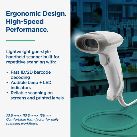 Rugged Workhorse Handheld Barcode Scanner USB Plug And Play 1D And 2D Code Reader for healthcare and industrial use on table.