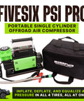 FiveSix PSI Pro Auto Shutoff 12V Off Road Air Compressor With 4Ft Hose next to black carrying bag