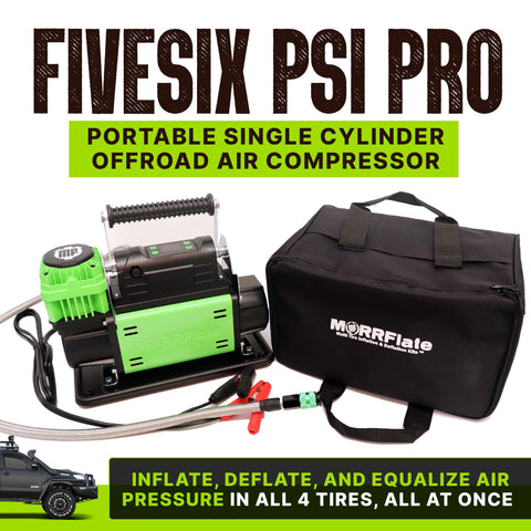FiveSix PSI Pro Auto Shutoff 12V Off Road Air Compressor With 4Ft Hose next to black carrying bag
