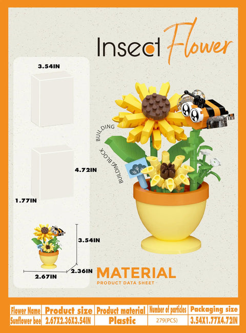 Sunflower Bee Mini Flower Bonsai Building Toy Set For DIY Nature Garden Decor With Colorful Blossoms Bees Dragonflies And Butterflies Creative Blocks Play Kit For Kids And Hobbyists To Build a Serene Mini Landscape. Plastic mini flower bonsai set, 2.67x2.36x3.54 in, with bee and sunflower