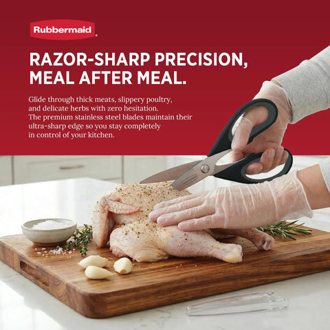 All Purpose Kitchen Scissors Heavy Duty Stainless Steel Shears With Protective Sheath For Food Meat Poultry And Herbs, Dishwasher Safe, Comfort Grip Black: black shears cutting raw chicken