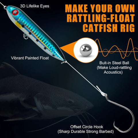 All In One Catfish Rig Making Kit Pro Grade Tackle Set with vibrant painted float, steel ball, and offset circle hook for catfishing