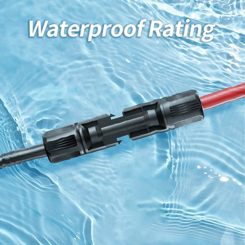 10AWG Solar Extension Cable With Dual Connectors Adapter Kit shown in water to highlight waterproof rating.