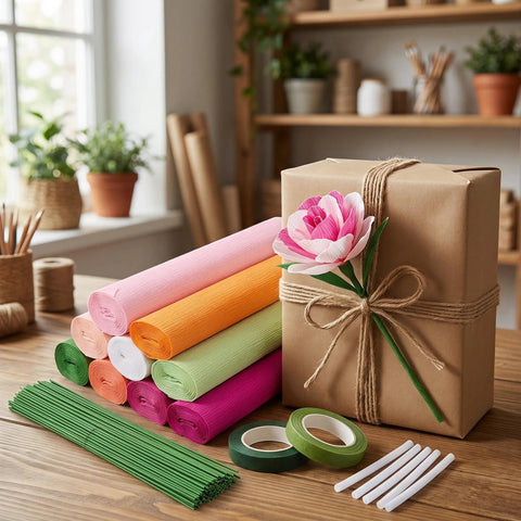 No Fuss Crepe Paper Flower DIY Kit With Stem Wire Tape And Glue Sticks For Easy Peasy Paper Flower Creations Classroom Crafts And Beautiful Floral Bouquets For Beginners, crepe paper rolls, wires, tape