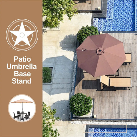 Weighted Patio Umbrella Base 23lbs Heavy Duty Outdoor Umbrella Stand Built To Last For Lawn Yard Deck Poolside Sturdy HDPE And Concrete Base For Stable Umbrella Support with brown canopy