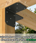 Eight Pack Heavy Duty Right Angle Brackets For Shelves And Furniture Hella Sturdy L Shape Corner Supports With Serious Weight Capacity Built Tough Hardware For Industrial Shelving And Home Projects attached to wooden post with 5 inch measurement.