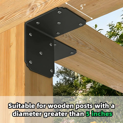 Eight Pack Heavy Duty Right Angle Brackets For Shelves And Furniture Hella Sturdy L Shape Corner Supports With Serious Weight Capacity Built Tough Hardware For Industrial Shelving And Home Projects attached to wooden post with 5 inch measurement.