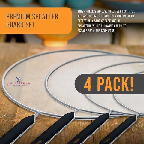 Four Piece Stainless Steel Splatter Guard Set With Fine Mesh, 13, 11.5, 10, 8 Inches, Grease And Oil Splash Protection, comfort grip handles.