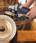 Person using angle grinder with upgraded four piece wood grinding wheel set for four inch and four and a half inch angle grinders