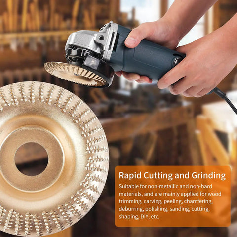 Person using angle grinder with upgraded four piece wood grinding wheel set for four inch and four and a half inch angle grinders