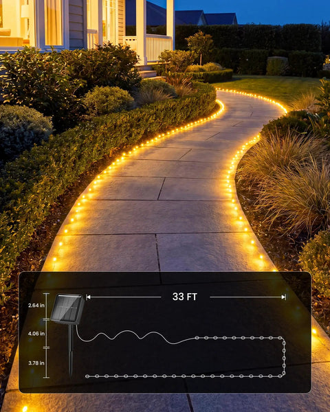 Two Pack 66 Ft Solar Fairy Lights With 200 LEDs In Warm White Outdoor Waterproof String Lights along garden path