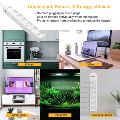 Heavy Duty 6 Outlet Power Strip With Individual On Off Switches and 8 Foot Flat Plug Extension Cord in various settings