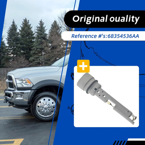 Coolant Level Sensor For Ram 2500 3500 4500 5500 6.7L Direct Fit Replacement Fits 2013 2014 2015 2016 2017 2018 Heavy Duty Trucks OE 68354536AA OEM coolant sensor shown with Ram truck image