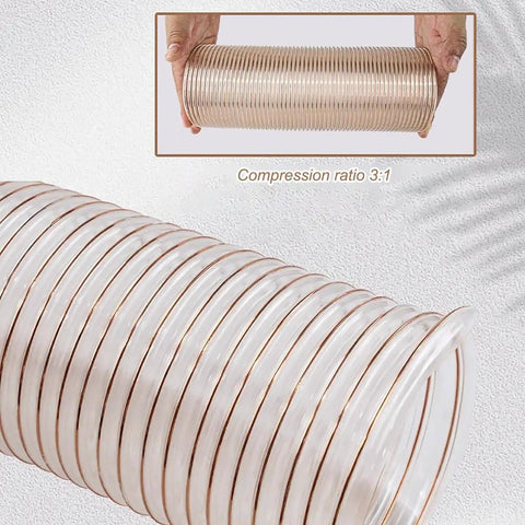 Heavy Duty Flexible Vacuum Hose Extension With Secure Clamps Puncture Resistant Polyurethane Ducting For Woodworking Shop Tools And Dryers Crushes Dust No Sweat close-up showing 3:1 compression ratio