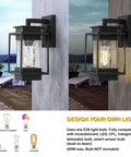 Two Pack Outdoor Wall Light Sconces Aluminum Rust Proof Porch Fixture With Crack Glass For Exterior Home Entryway Balcony Patio And Front Porch Weather Resistant Black Sand Finish, lit with different bulbs