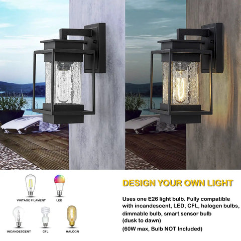 Two Pack Outdoor Wall Light Sconces Aluminum Rust Proof Porch Fixture With Crack Glass For Exterior Home Entryway Balcony Patio And Front Porch Weather Resistant Black Sand Finish, lit with different bulbs