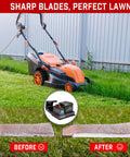 Real Deal Yard Work Savior Heavy Duty 7 Inch Lawn Mower Blade Sharpener Bench Grinder with lawn mower and sharpened blade comparison.