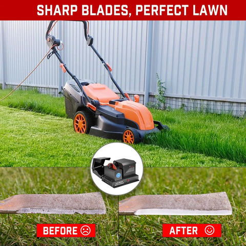 Real Deal Yard Work Savior Heavy Duty 7 Inch Lawn Mower Blade Sharpener Bench Grinder with lawn mower and sharpened blade comparison.
