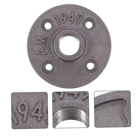 Four Piece Malleable Iron Floor Flange Fittings For Furniture Shelving Decor Industrial Style Clothing Racks Table Legs And Home Design Projects Ideal For DIY Builds And Creative Furnishings, showing top view with close-up of details