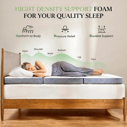 Comfy Tri Fold 4 Inch Mattress Topper Medium Firm Portable Foldable Bed Topper With Washable Cover And Non Slip Base on a bed