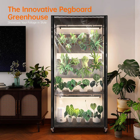 Indoor Greenhouse Cabinet With Pegboards And Four 96W Full Spectrum Grow Lights For Indoor Plants Foliage, Removable Pegboards, Staggered Shelves For Trailing Plants, Efficient Grow Setup, Measures 29.5 By 13.8 By 59 Inches