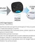 Diagram showing Litter Box Air Purifier for Cats and Small Pets with 53 CFM airflow and premium activated carbon zeolite VOC filters