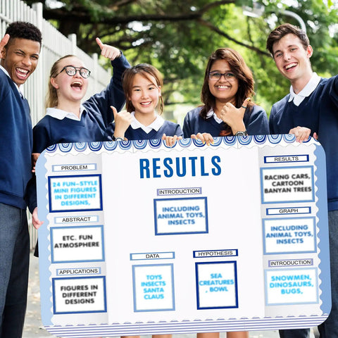 Students holding a science fair poster with Blue Boho 60 Trim Scalloped Poster Boards Set With 18 Presentation Subtitles 6 Self Adhesive Project Titles And 8 Letter Stickers For Classroom Science Fair Displays And Projects