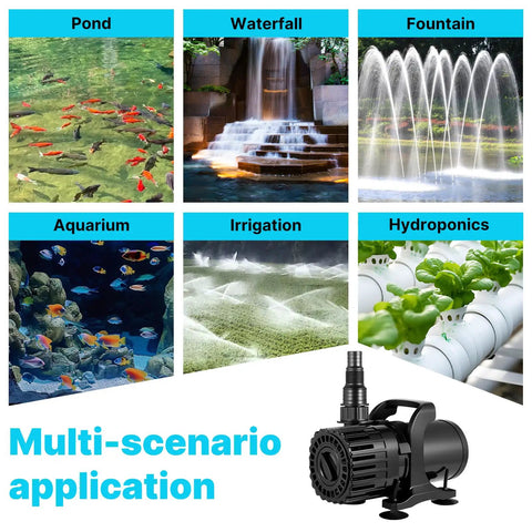Beast Mode Adjustable Flow Pond Pump Up To 1800 GPH And 14 Ft Lift Submersible 100W shown in various applications