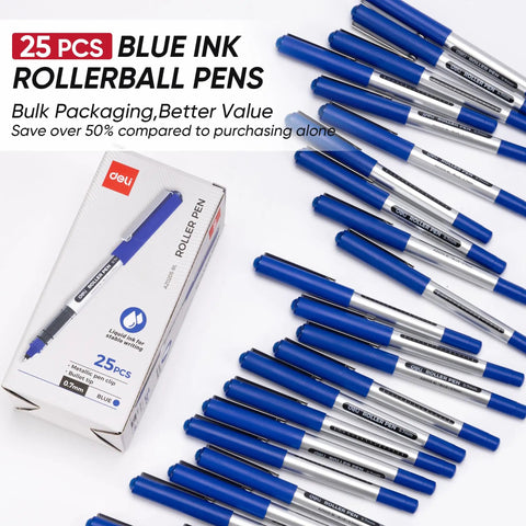 Rollerball Pens 0.7 Mm Blue Ink 25 Pack, High Capacity Writing Set displayed in packaging and scattered arrangement
