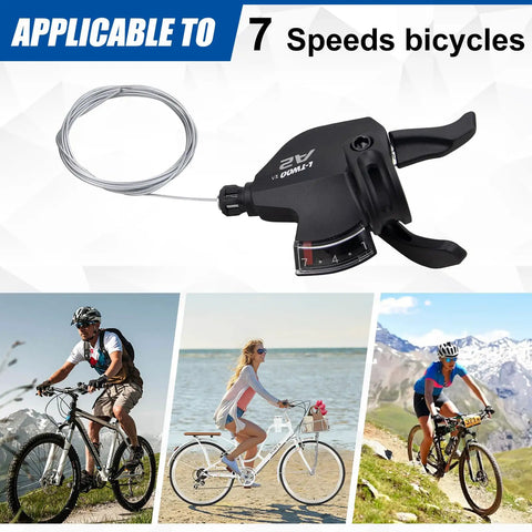 7 Speed Right Thumb Gear Shifter Lever For Mountain Bike With Cables, Fits 22.2Mm Handlebars displayed with cyclists