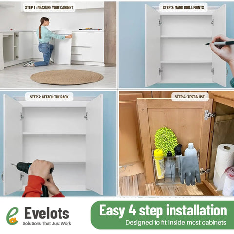 Kitchen Wrap Organizer Set 2 Pack For Foil Plastic Wrap Wax Paper And Bags Mountable Over Cabinet Door Or Wall Rack Go To Space Saving Metal Coated Organizer For Pantry Kitchen Laundry And Freezer Storage shown installed in cabinet.