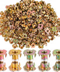 Three Eighths Inch T Nuts Sixteen Thread Four Pronged Tee Nuts Zinc Plated Steel Corrosion Resistant Seven Sixteenths Inch Barrel Length Iridescent Zinc Finish Beefy 300 Pack For Rock Climbing Holds Wood And Cabinetry pile and close-up view