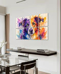 Colorful dog portrait wall art in vibrant hues, perfect for home decor or studio ambiance.
