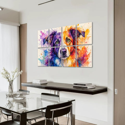 Colorful dog portrait wall art in vibrant hues, perfect for home decor or studio ambiance.