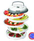 Expandable Food Dehydrator Machine For Making Beef Jerky And Dried Fruit Snacks With Six Trays And Converga Flow Airflow Tech Hits Different For Weekend Batch Cooking In Gray, showing stacked trays of fruits and vegetables.