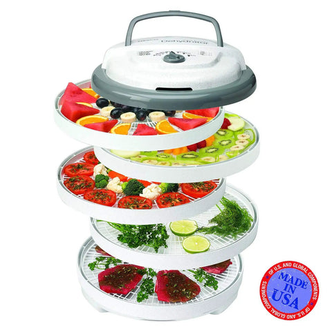 Expandable Food Dehydrator Machine For Making Beef Jerky And Dried Fruit Snacks With Six Trays And Converga Flow Airflow Tech Hits Different For Weekend Batch Cooking In Gray, showing stacked trays of fruits and vegetables.