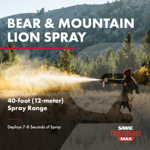 Person using Frontiersman Max 9.2 oz Bear and Mountain Lion Deterrent With Two Percent Major Capsaicinoids, 40 Ft Range, outdoors