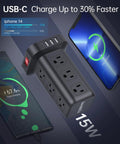 16 In 1 Tower Power Strip With USB Charging, 12 AC Outlets And 4 Smart USB Ports Including USB C, 15 Ft Long Power Hub For Home, Dorm, And Office, Overload Protection, Keeps Your Devices Powered And Organized, black tower design with USB-C charging