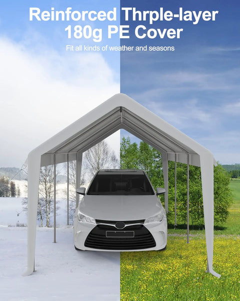 Replacement Top Cover For 10x20 Carport Canopy, Heavy Duty 180G PE Tarp, shown with white car in seasonal split view
