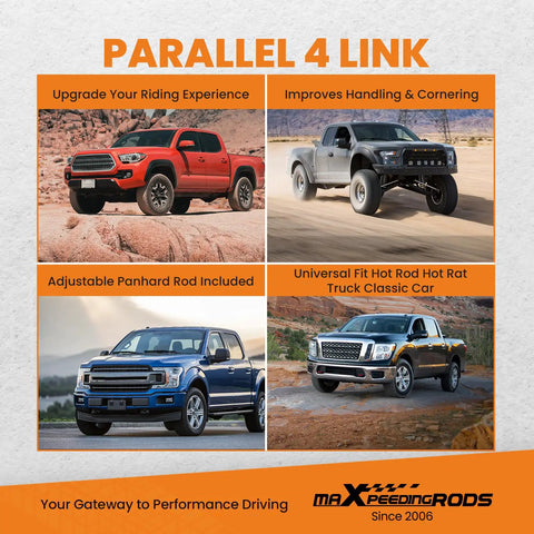 Universal Parallel Four Link Kit With Panhard Bar For Trucks Classic Cars Rat Rods And Hot Rods Rear Suspension Links For Street Ready Frame Rails Clearance Silver Gray, installed on lifted trucks