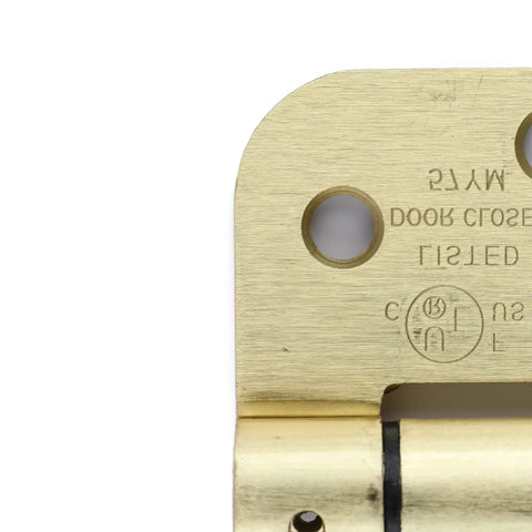 Close-up of Spring Loaded Self Closing Door Hinges 4 Inch Auto Close Kit With Adjustable Tension Brass Five Eighths Radius Corner