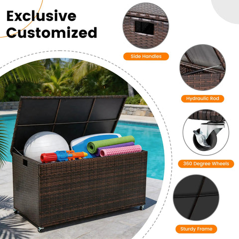 Boss Grade 170 Gallon Outdoor Deck Box Crafted From Durable Wicker Rattan With Smooth Roll Wheels for easy access to storage.