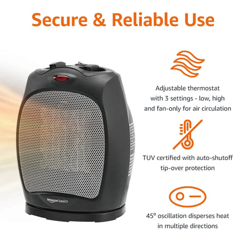 Portable Ceramic Space Heater with 45 Degree Oscillation for Even Heat, Three Settings Including High 1500W, Black