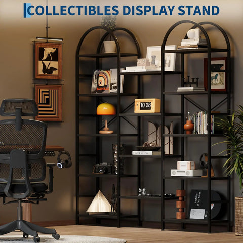 Arched Triple Column 63 Inch Wide 5 Tier Bookshelf With Open Shelves Dope Industrial Style Large Display Shelf and Sturdy X Back