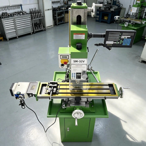 Techtongda 8x33 Inch Metal Milling Machine With 2HP Brushless Motor For 110V Power featuring digital readout and table.