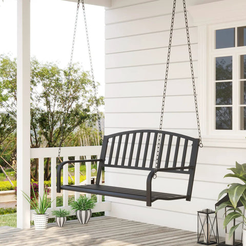 Two Person Front Porch Swing Bench For Outdoor Chill Sessions, Heavy Duty Steel Swing Chair With Solid Chains, Black Finish