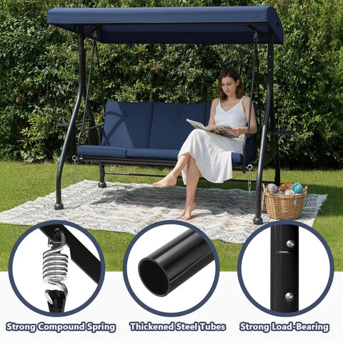 Woman reading on Three Seat Outdoor Porch Swing Glider With Adjustable Canopy Convertible Patio Bed in a garden