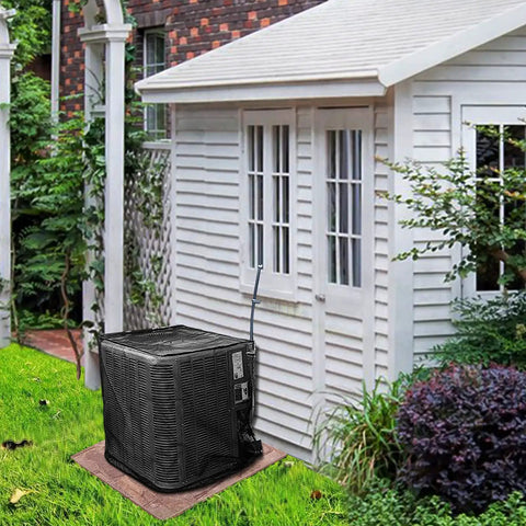 All Season Outdoor AC Unit Cover For Outdoor Condenser Protects Against Leaves Debris Cottonwood Fluff And Grass Clippings Durable PVC Coated Polyester Washable Weatherproof Fits 35.4 By 35.4 By 39.4 Inches covering outdoor AC unit in garden