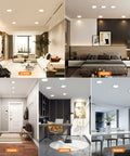 Collage showing Six Pack Ultra Thin 6 Inch LED Recessed Ceiling Lights in various room settings, with color temperatures labeled 2700K-5000K.